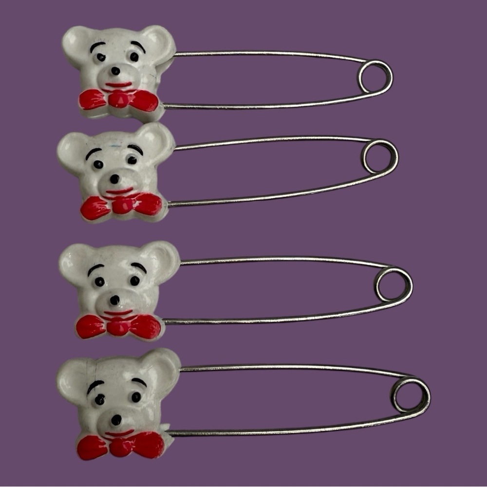 Set of 4 Vintage Bear Diaper Pins White Bears Red Bow Ties Nursery Retro Baby